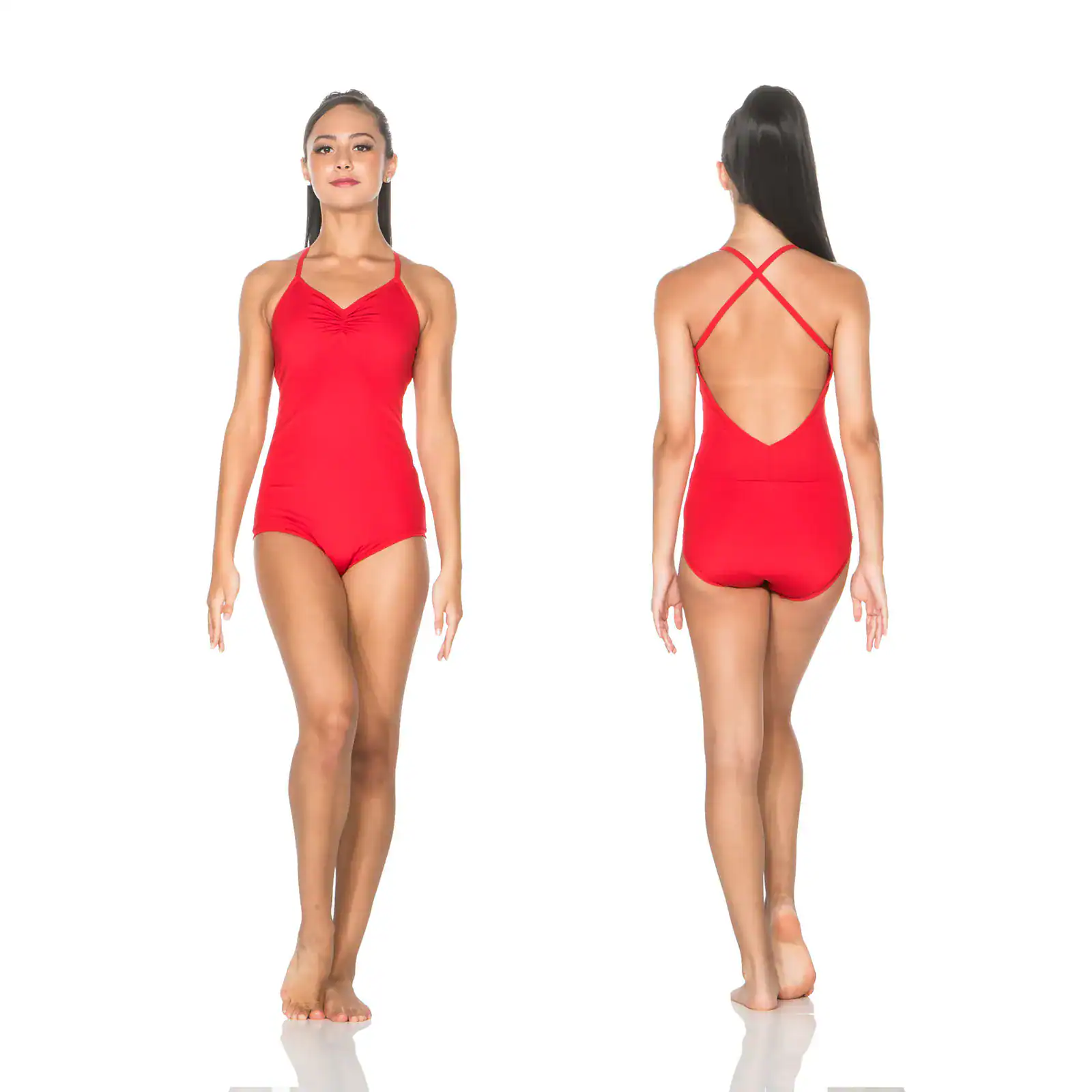 Front and back views of red crisscross-back leotard