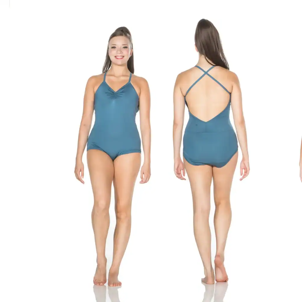 Front and back views of teal open-back one-piece swimsuit