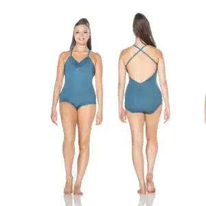 Front and back views of teal open-back one-piece swimsuit