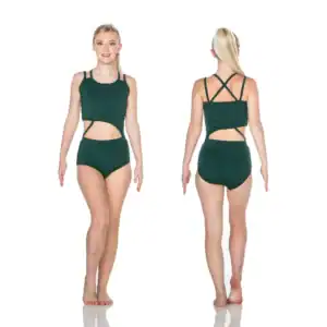 Front and back views of dark green cutout leotard
