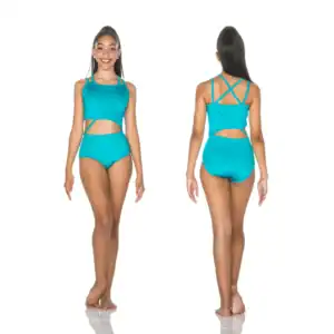 Front and back views of turquoise cutout dancewear