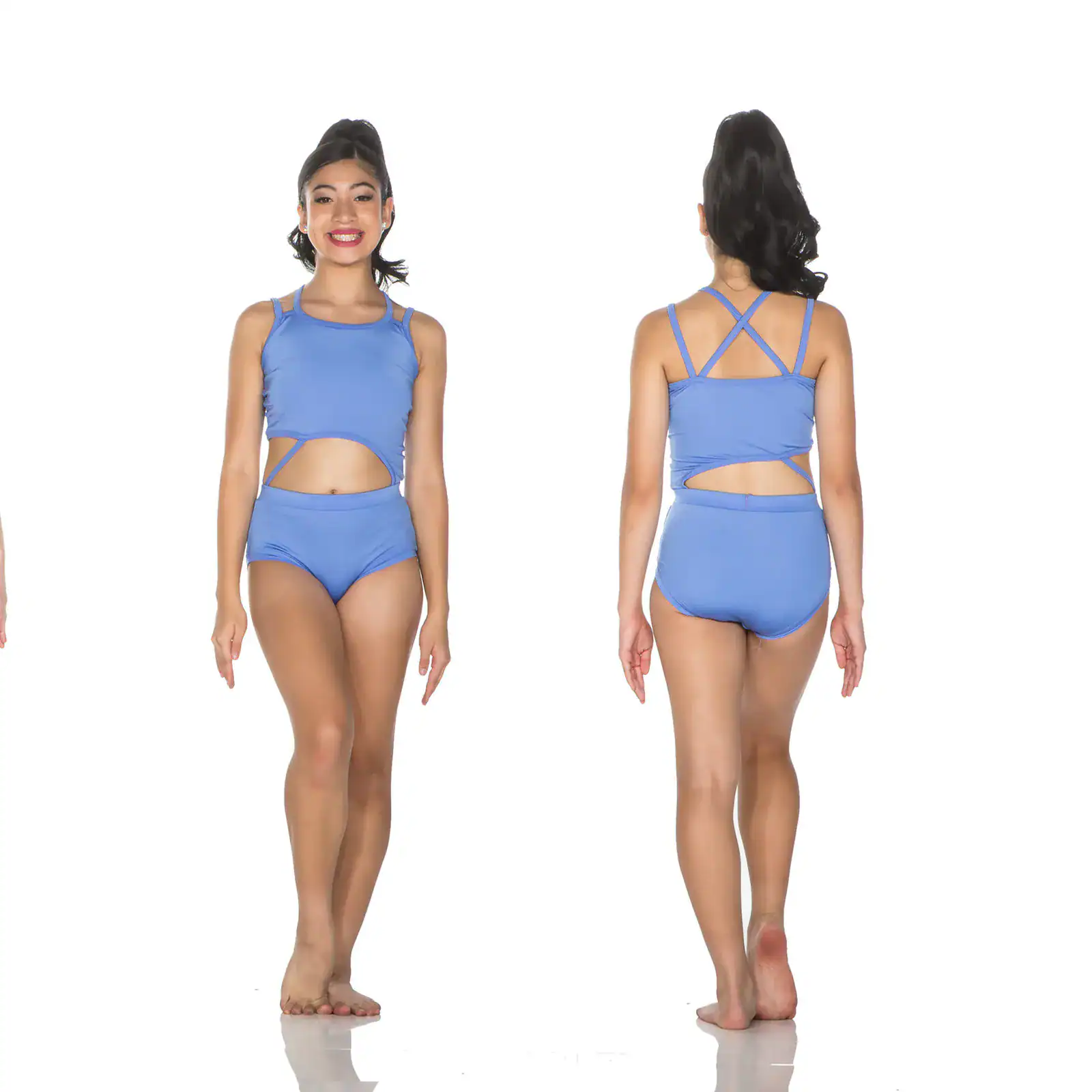 Front and back views of blue cutout leotard