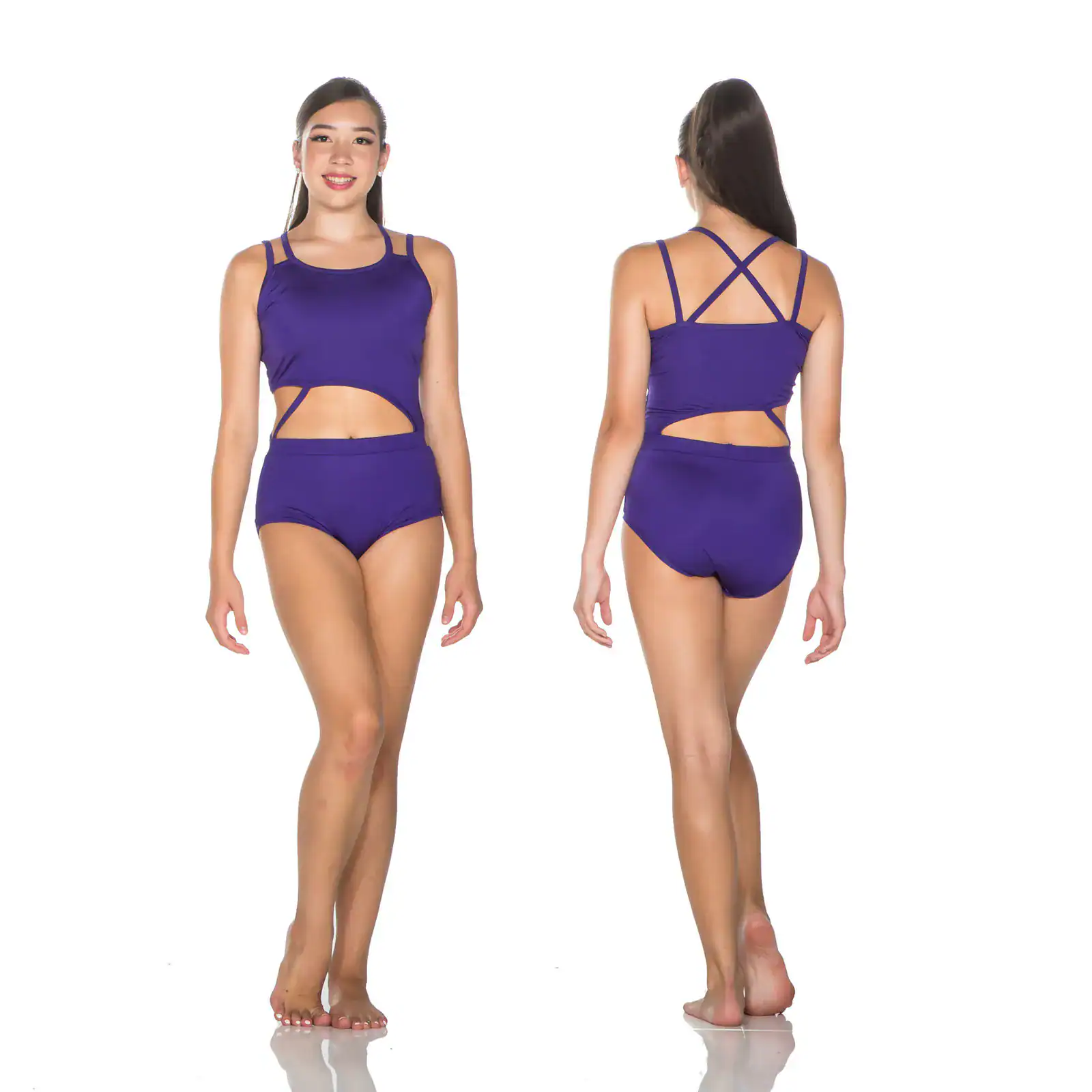 Front and back views of purple cutout one-piece swimsuit