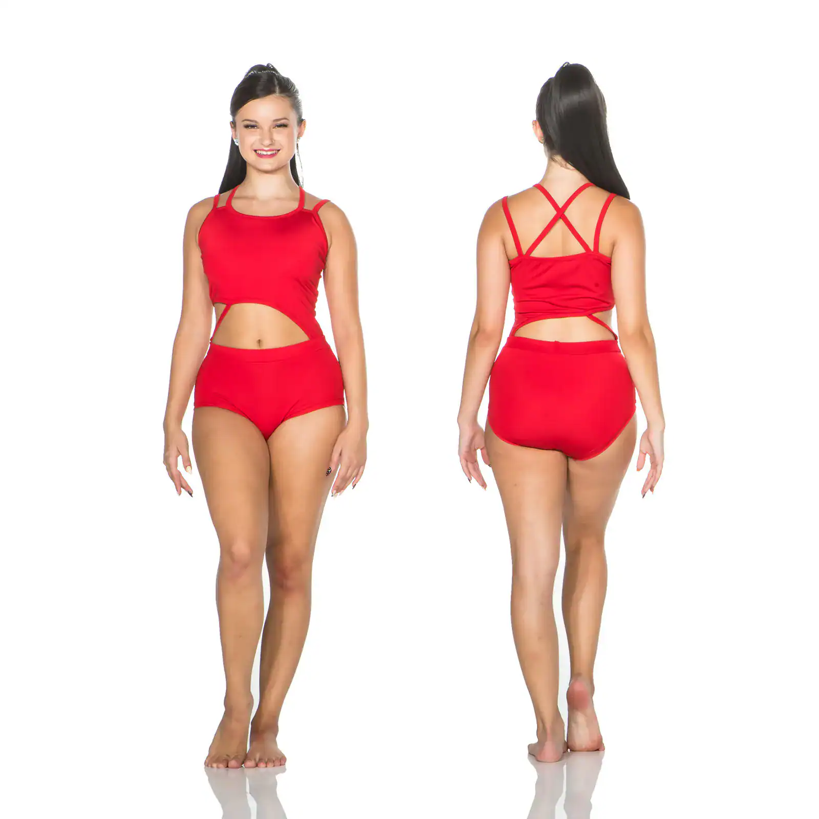 Front and back views of red cutout one-piece swimsuit