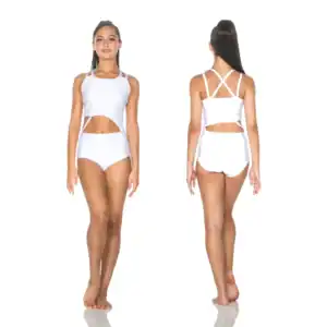 Front and back views of white cutout one-piece swimsuit