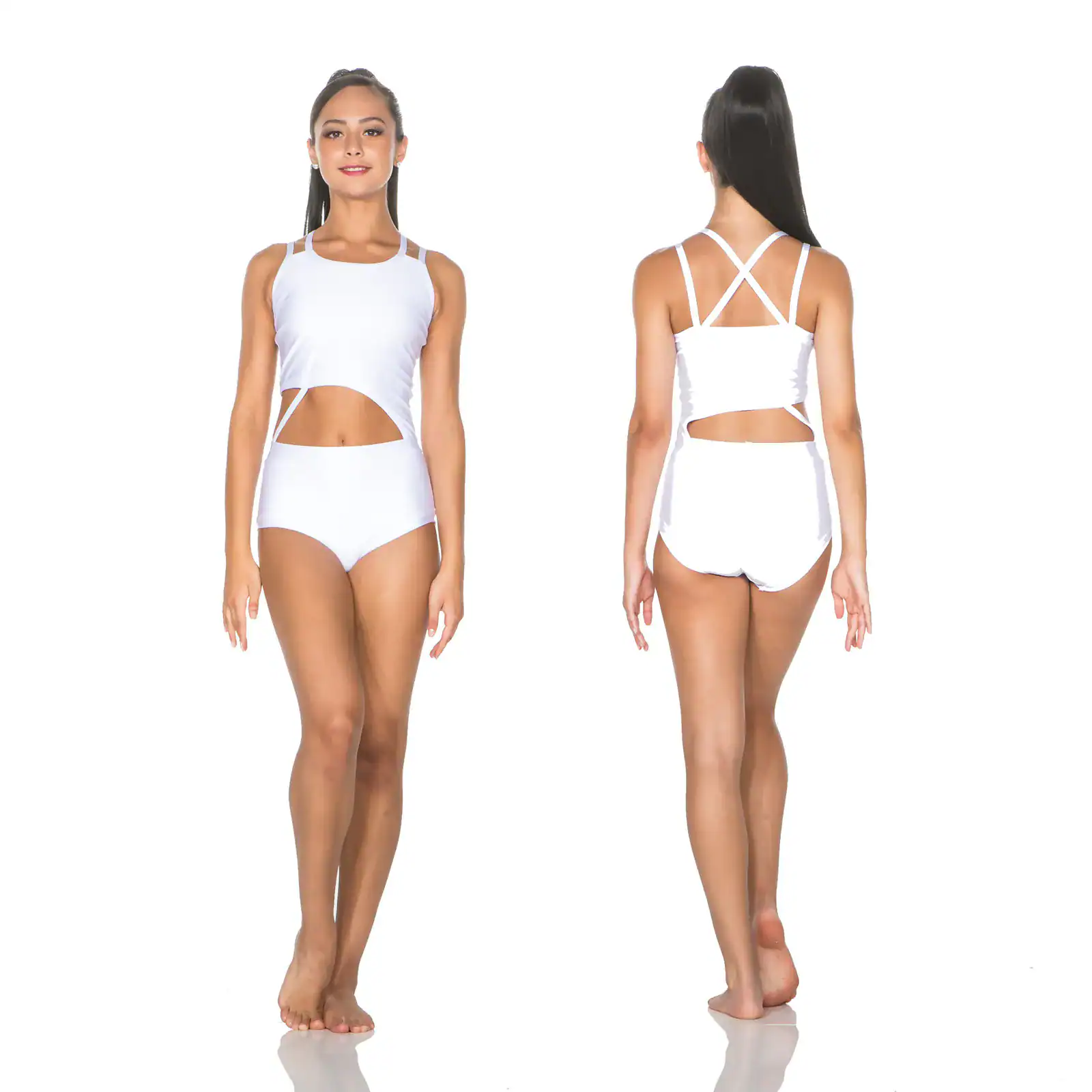 Front and back views of white cutout one-piece swimsuit