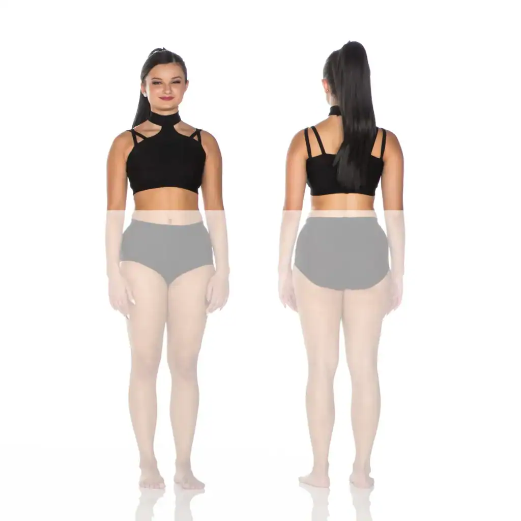 Front and back views of woman wearing black crop top