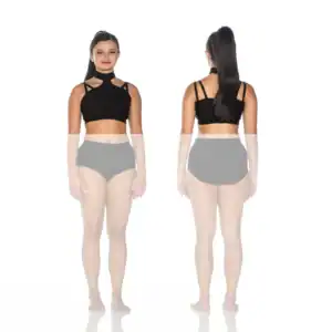 Front and back views of woman wearing black crop top