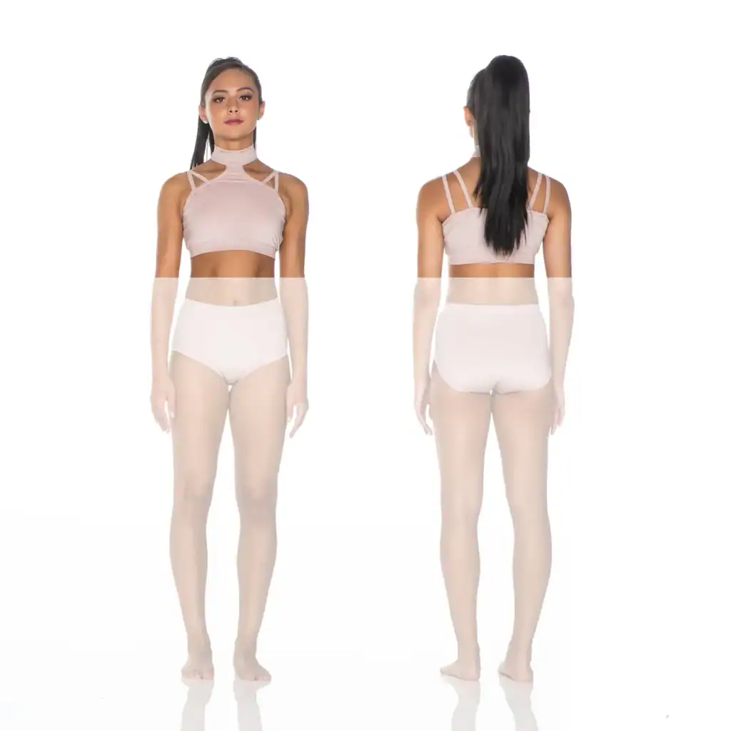 Front and back views of woman in pale pink dancewear
