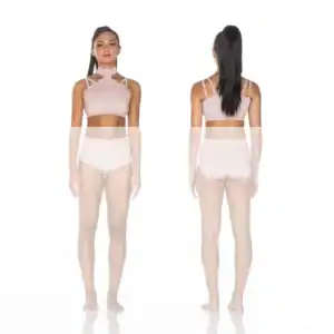 Front and back views of woman in pale pink dancewear