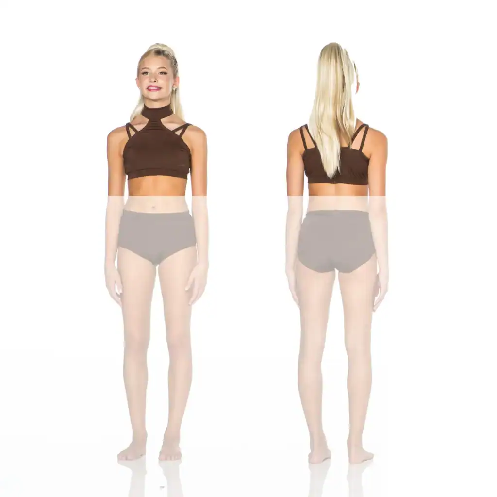Front and back views of brown strappy crop top