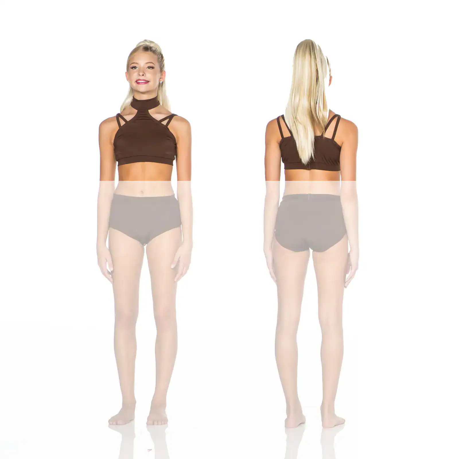 Front and back views of brown strappy crop top