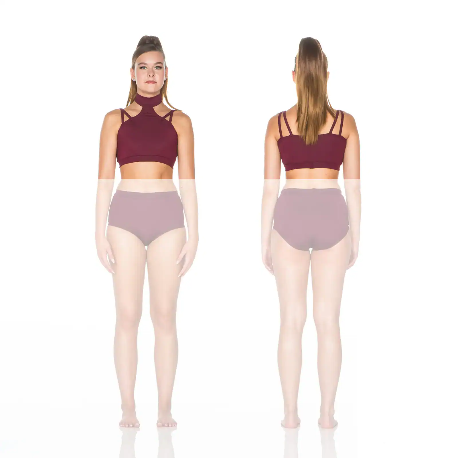 Front and back views of burgundy strappy crop top