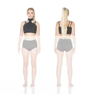 Front and back views of black strappy dance crop top