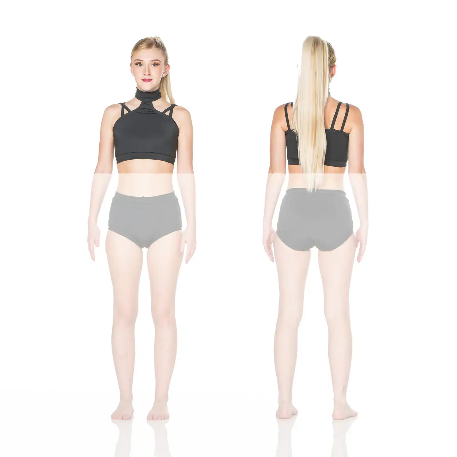 Front and back views of black strappy dance crop top