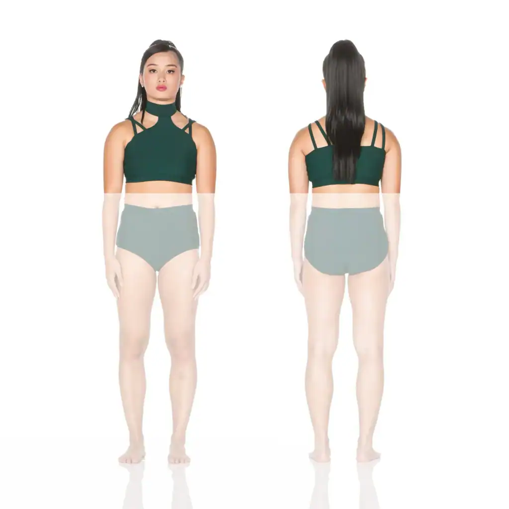 Front and back views of woman wearing dark green crop top