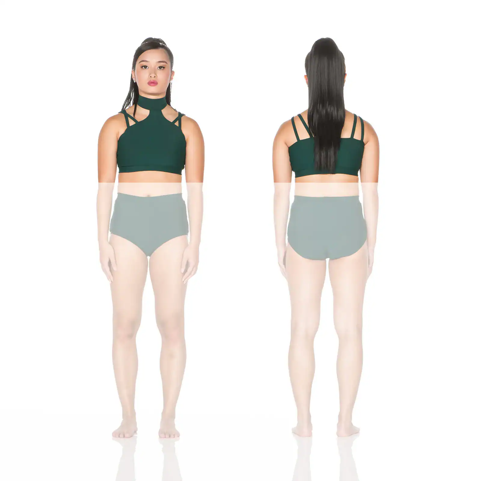 Front and back views of woman wearing dark green crop top