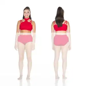 Front and back views of red strappy crop top