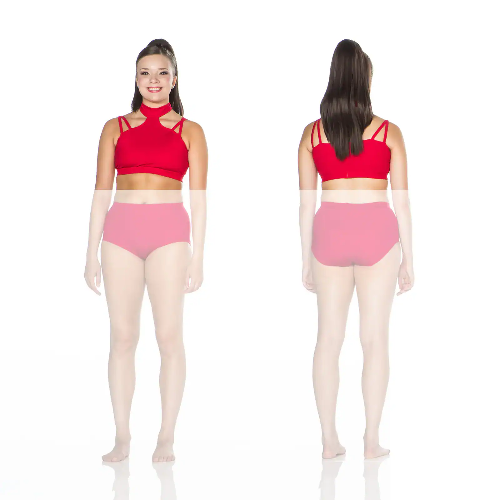 Front and back views of red strappy crop top