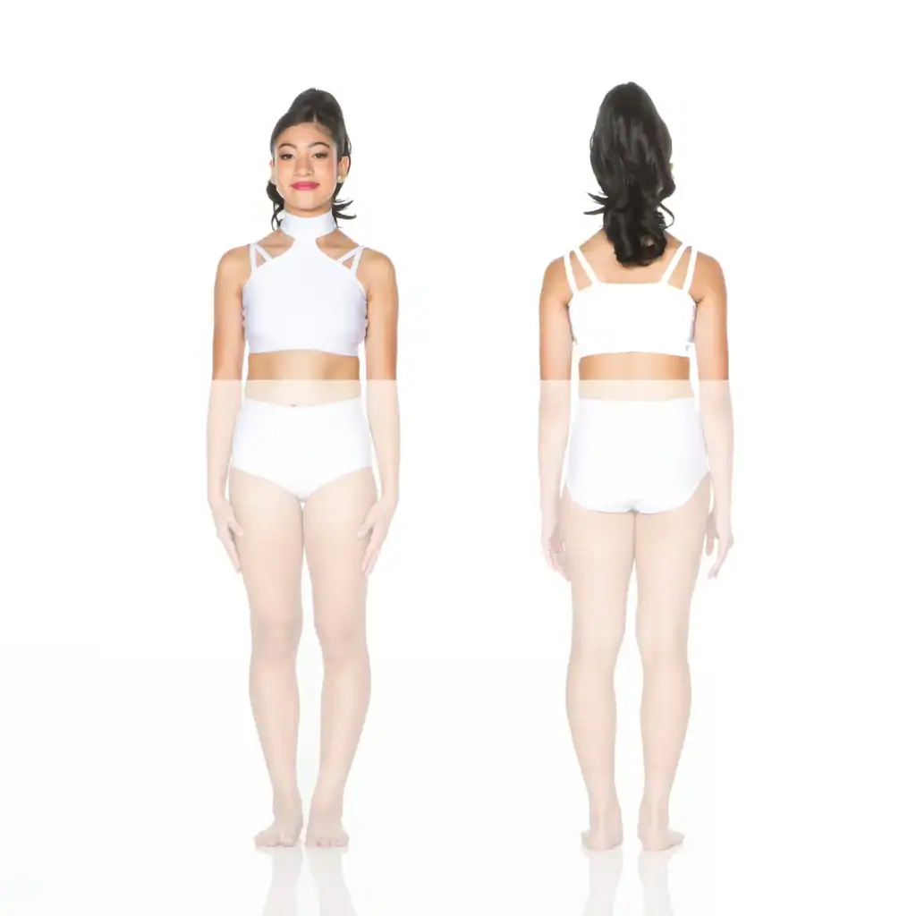 Front and back views of white two-piece dancewear