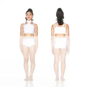 Front and back views of white two-piece dancewear