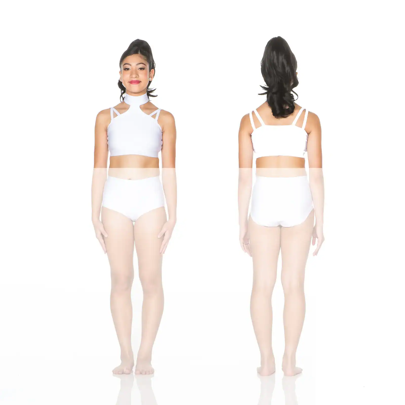 Front and back views of white two-piece dancewear