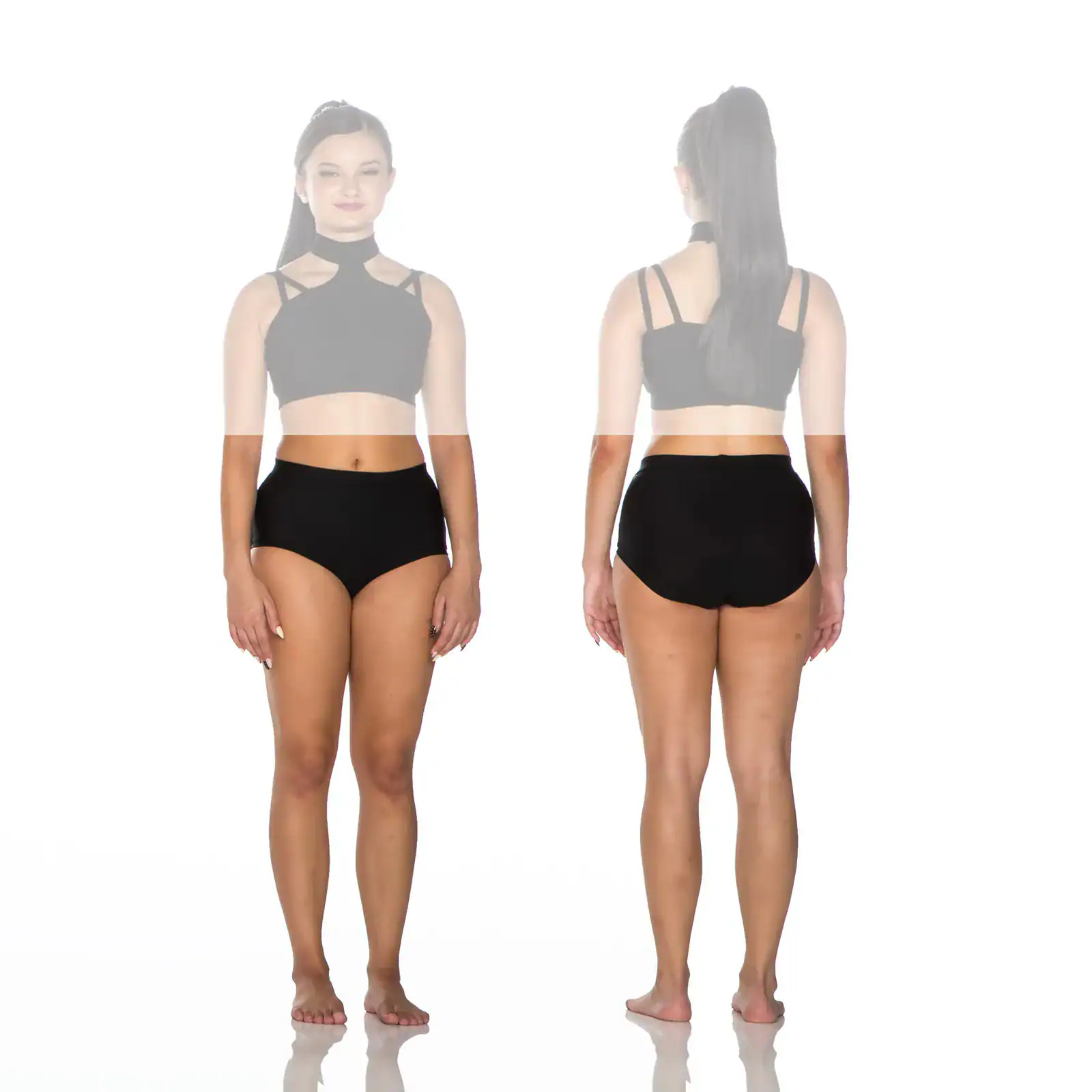 Front and back views of woman wearing black activewear