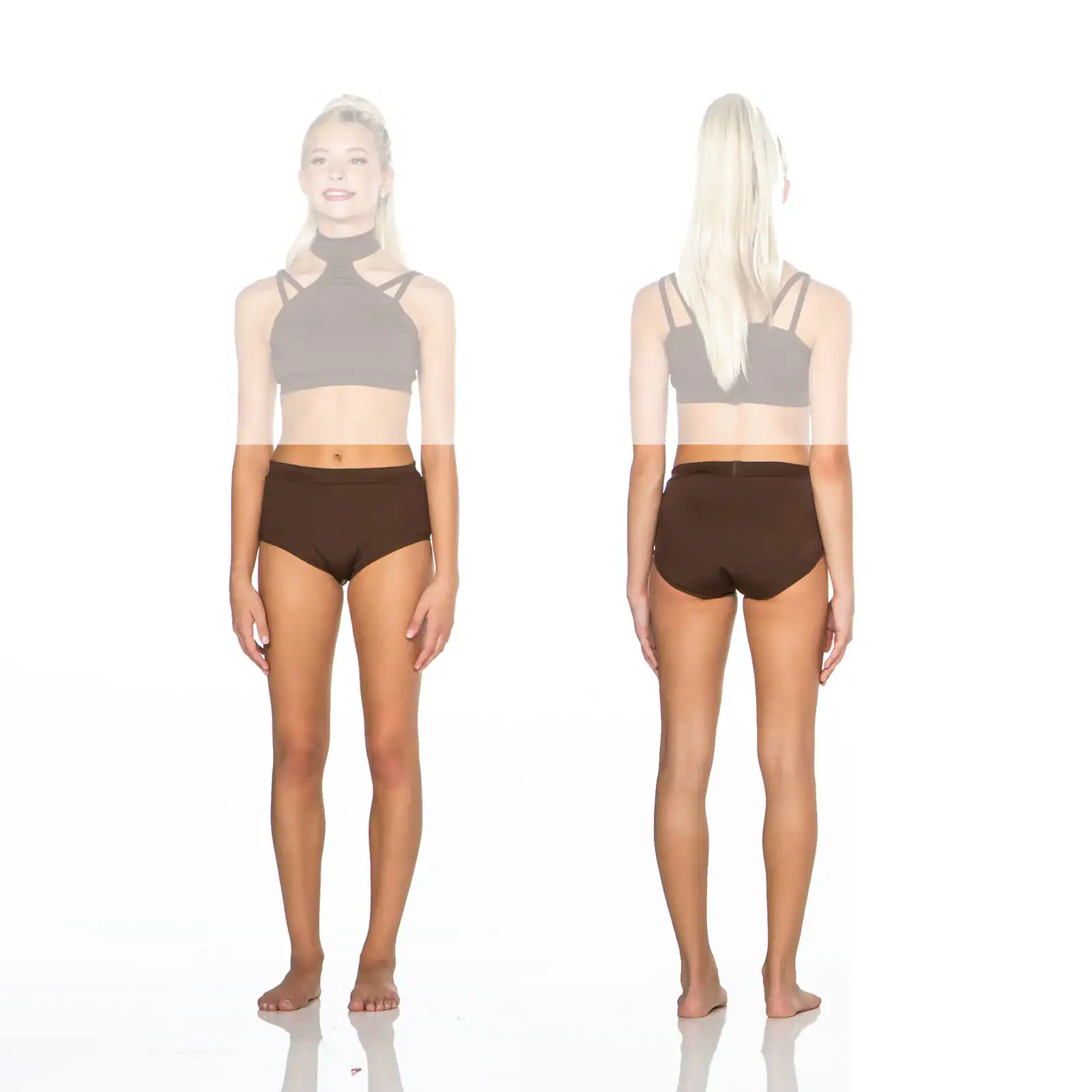 Front and back views of woman in black dancewear