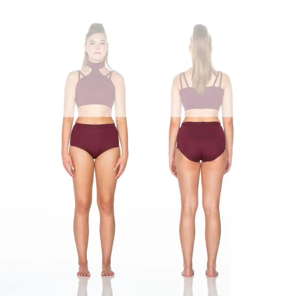 Front and back views of burgundy two-piece swimsuit