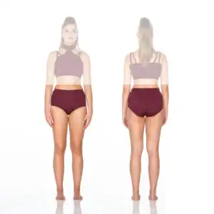 Front and back views of burgundy two-piece swimsuit
