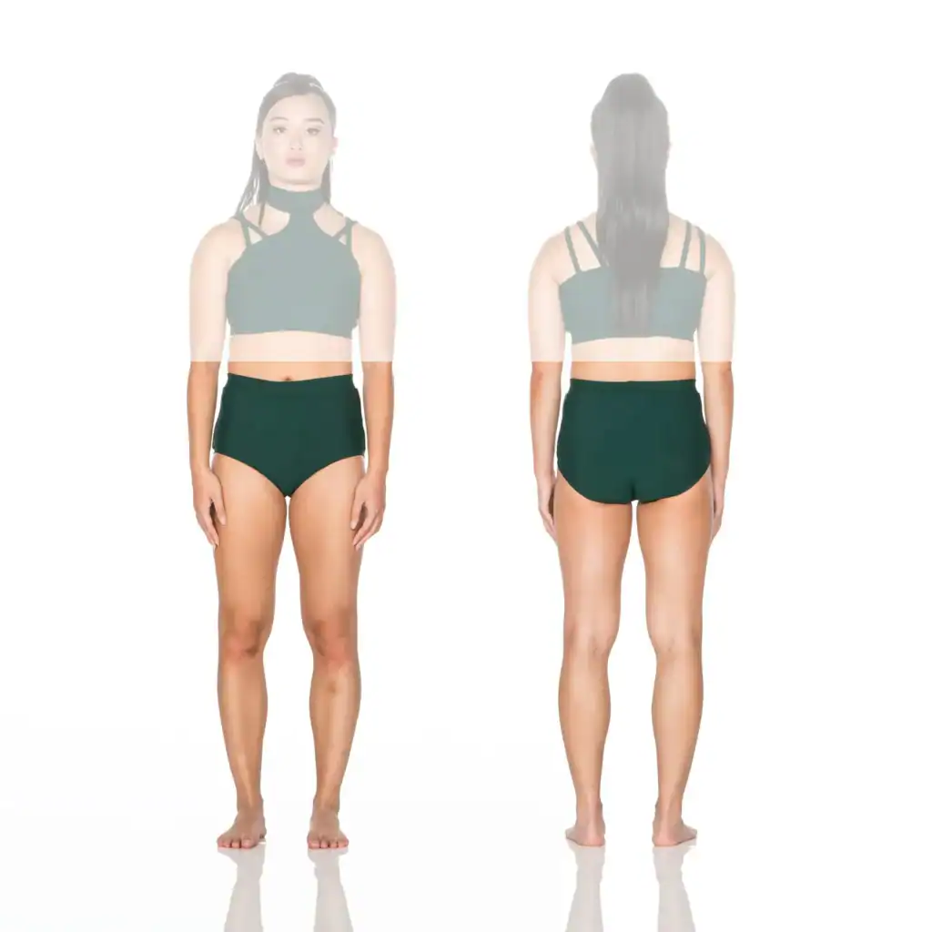 Front and back views of woman wearing dark green swimwear
