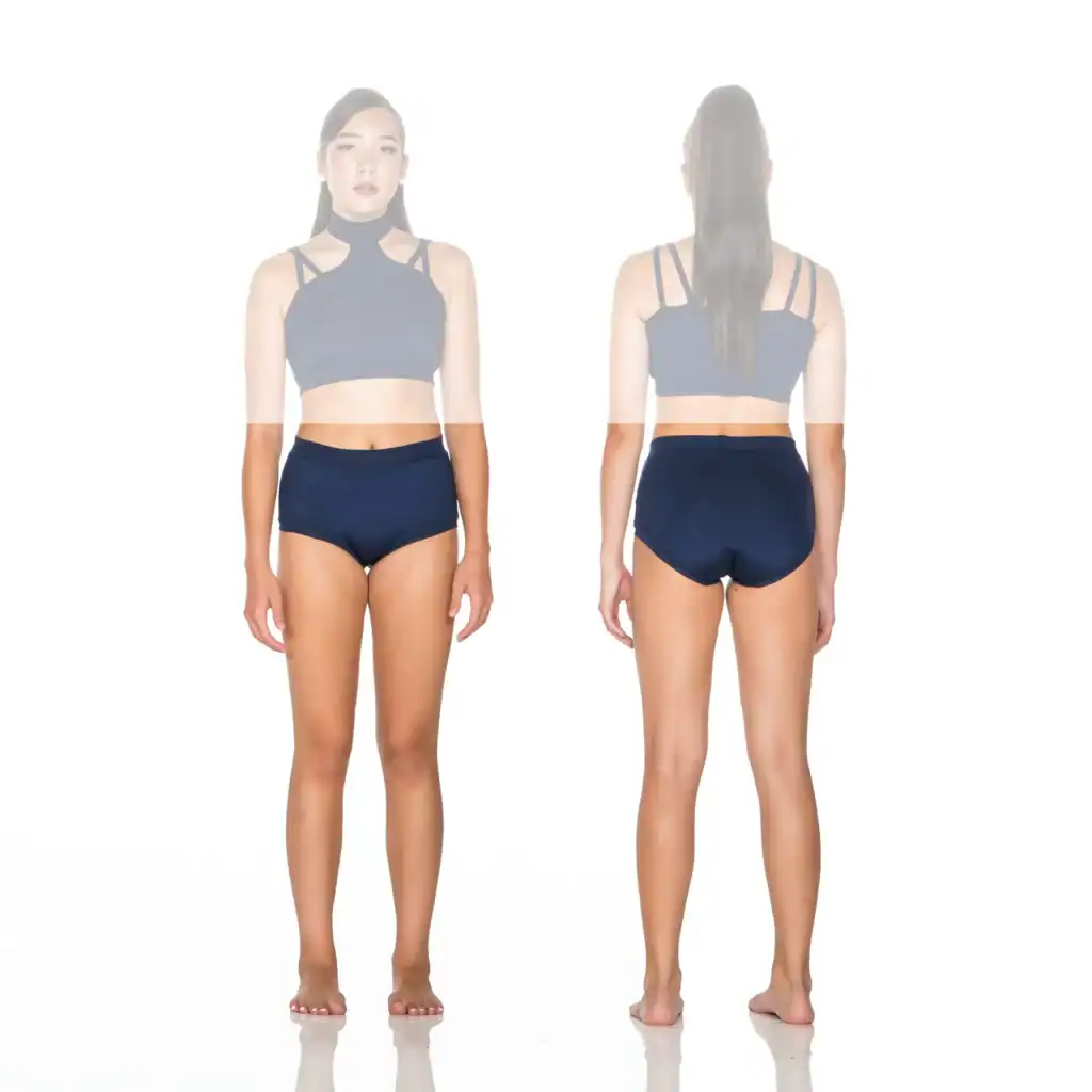 Front and back views of woman wearing navy athletic swimwear