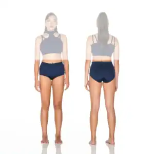 Front and back views of woman wearing navy athletic swimwear