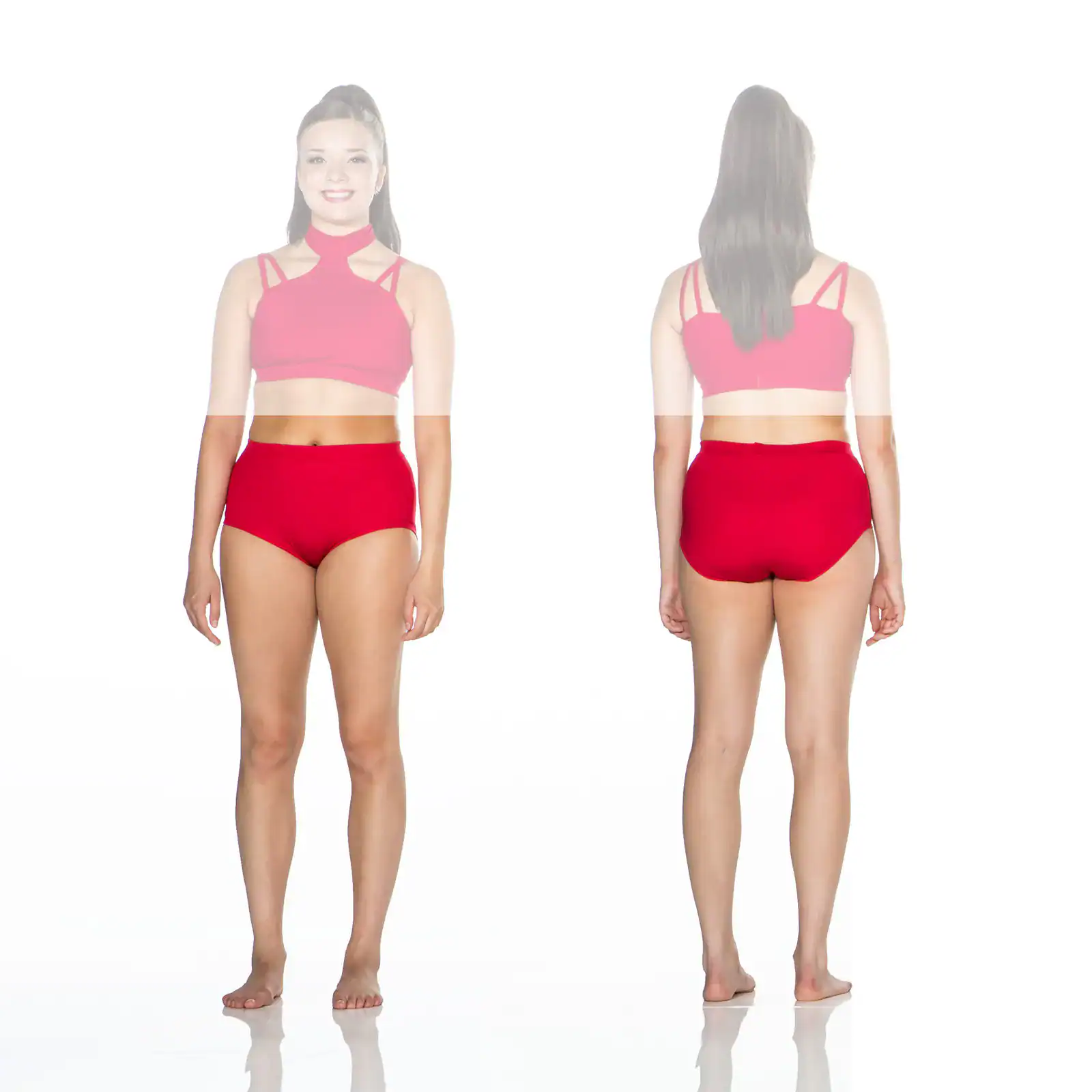 Front and back views of woman wearing red dancewear