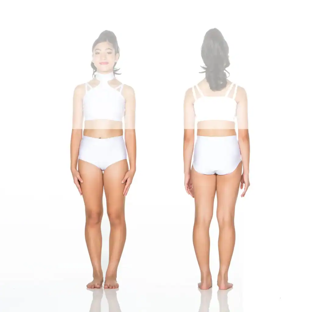 Front and back views of woman wearing white two-piece outfit