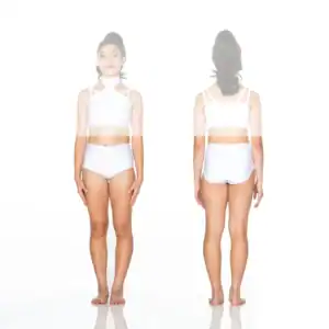 Front and back views of woman wearing white two-piece outfit