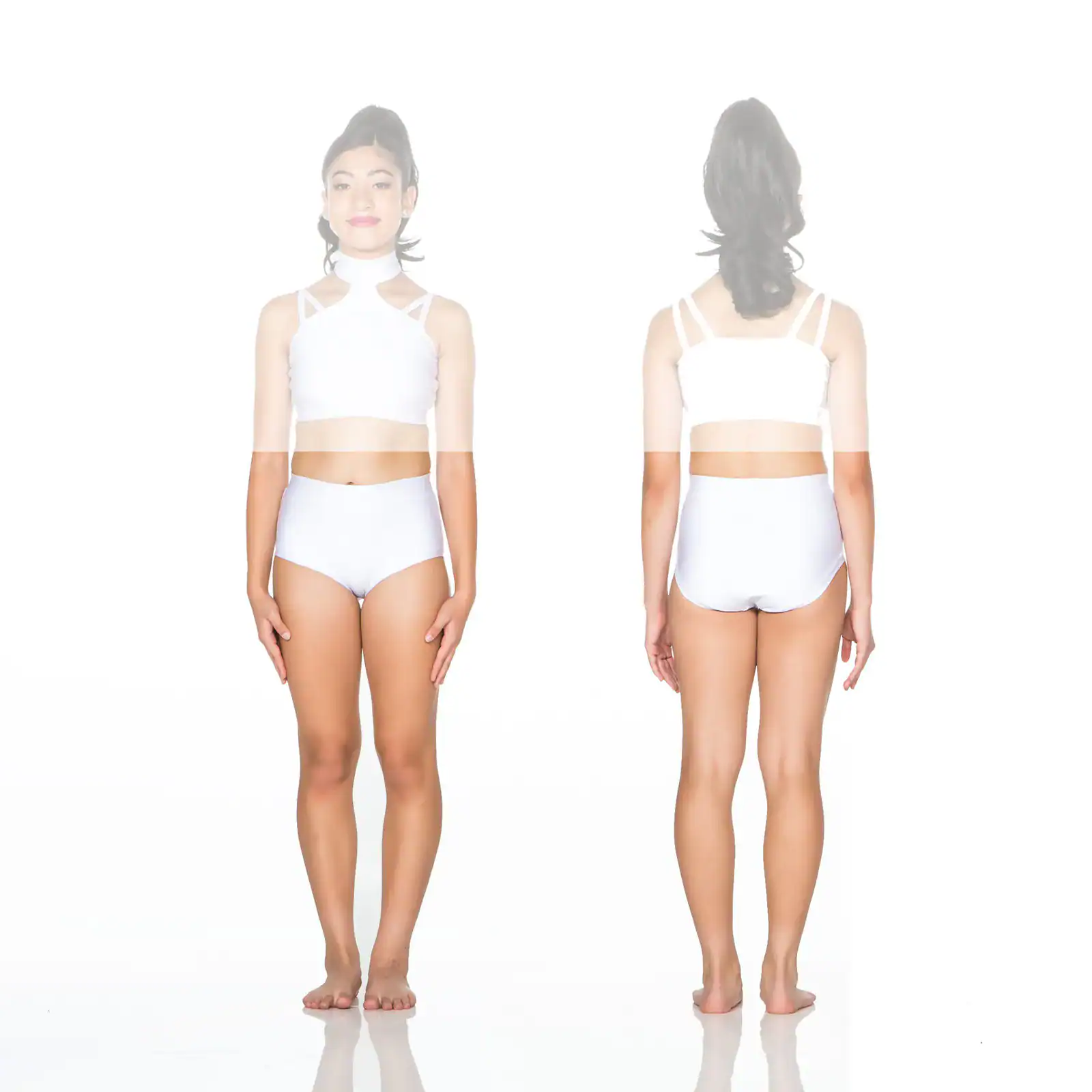 Front and back views of woman wearing white two-piece outfit