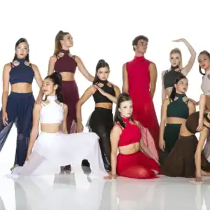 Diverse dance group posing in colorful contemporary costumes
