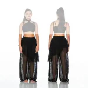 Front and back views of black crop top and sheer skirt