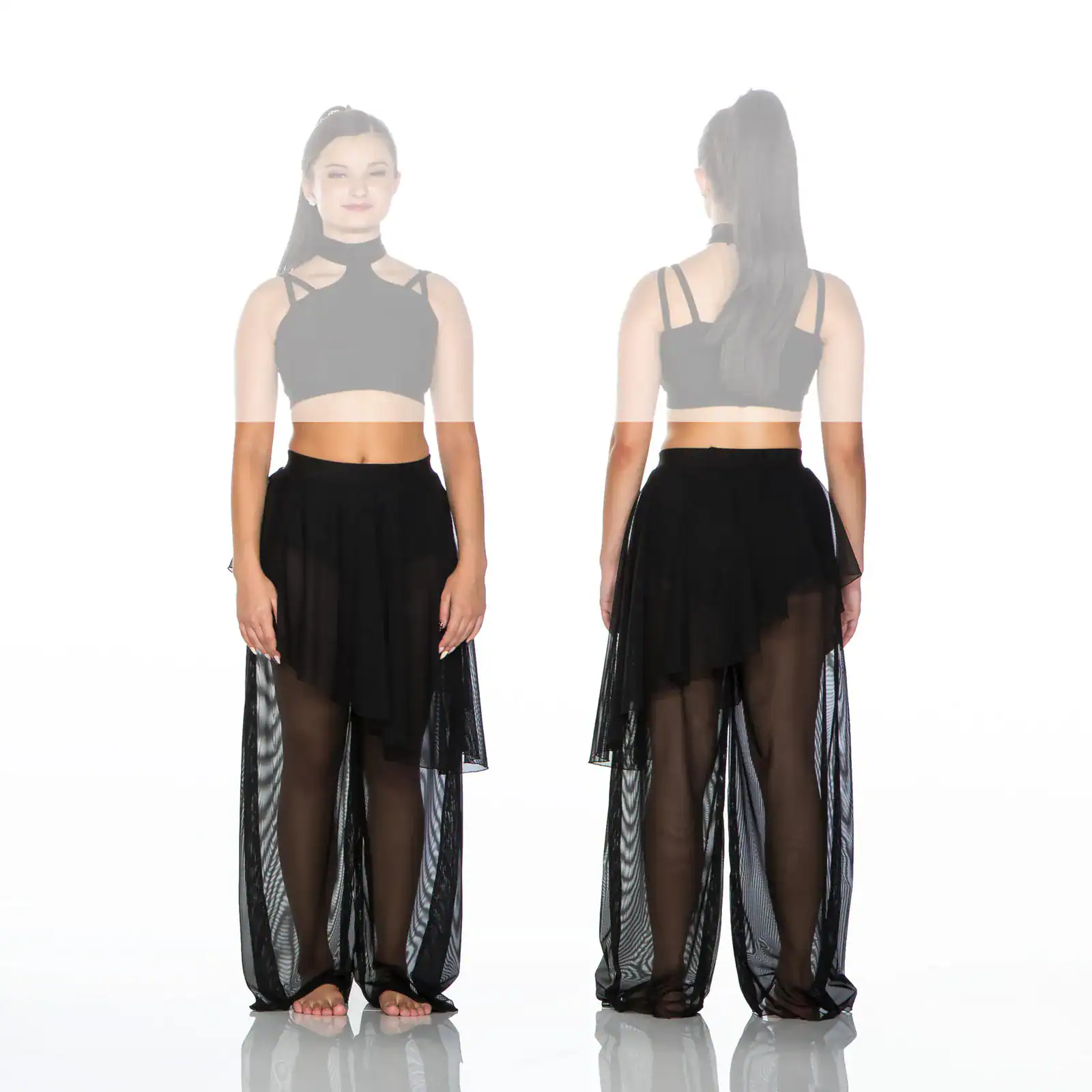 Front and back views of black crop top and sheer skirt