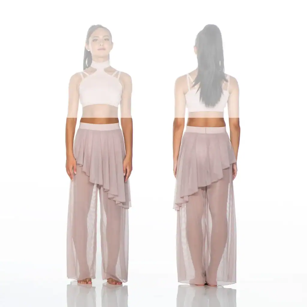 Front and back views of woman in blush dancewear