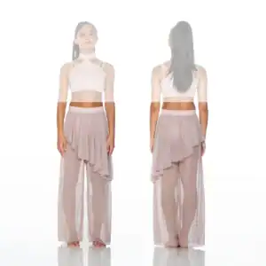 Front and back views of woman in blush dancewear