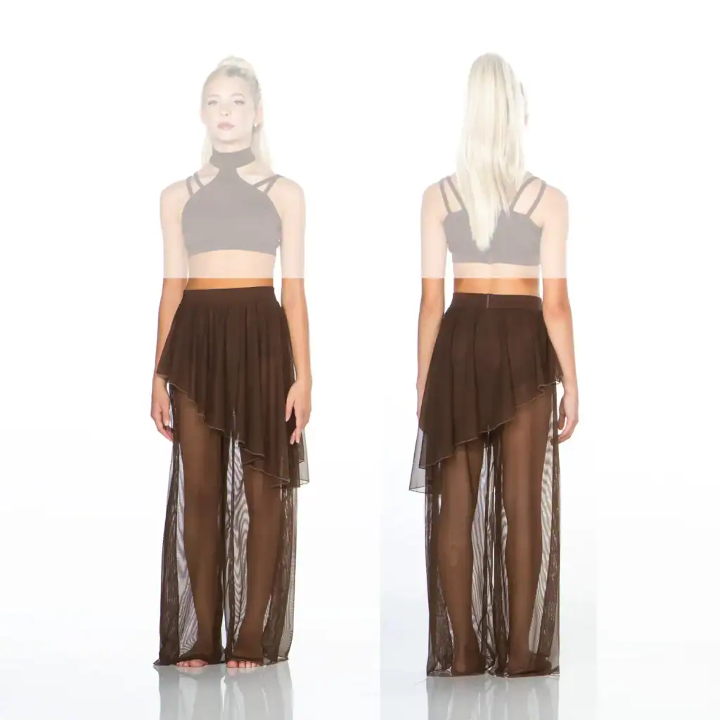 Front and back views of black sheer skirt outfit