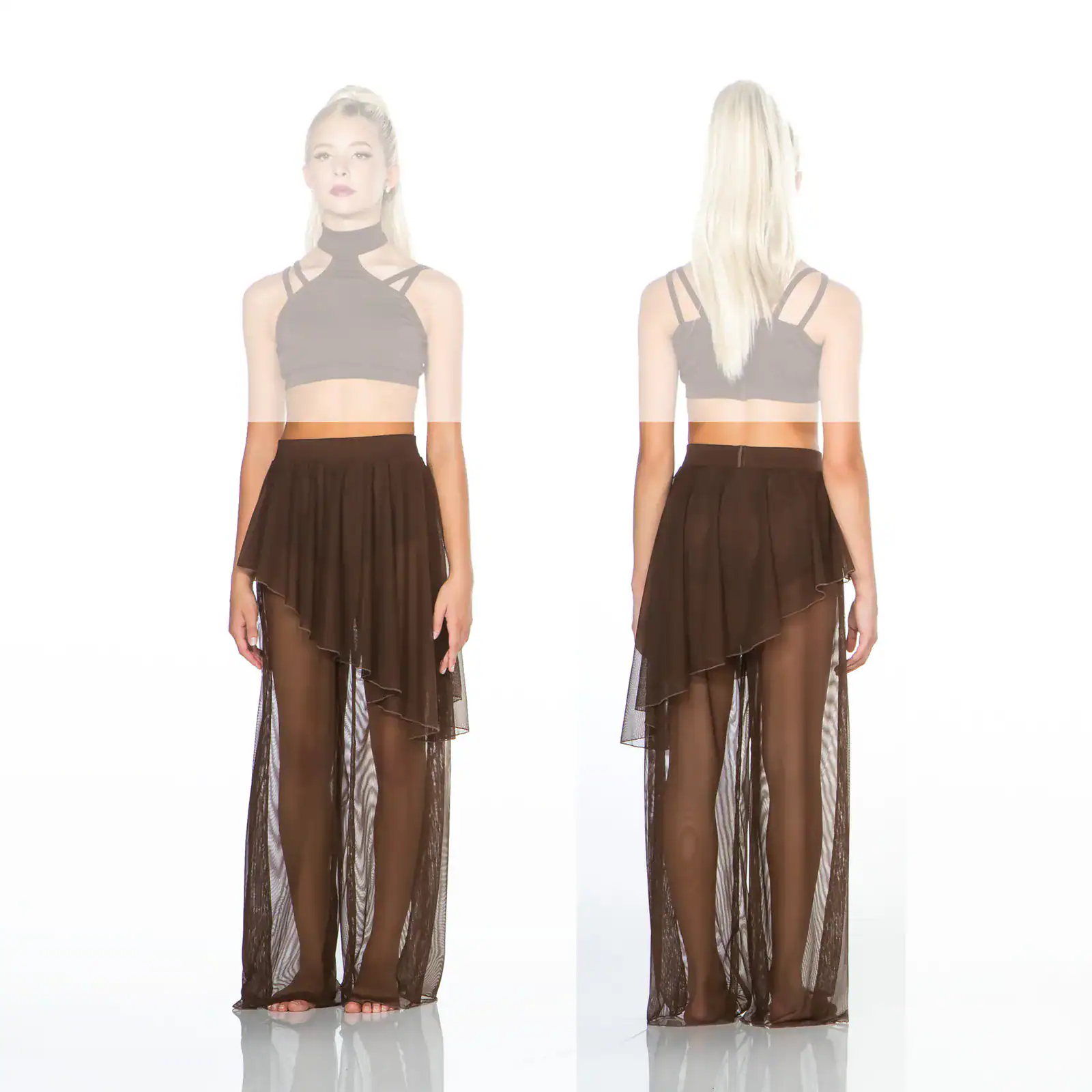 Front and back views of black sheer skirt outfit