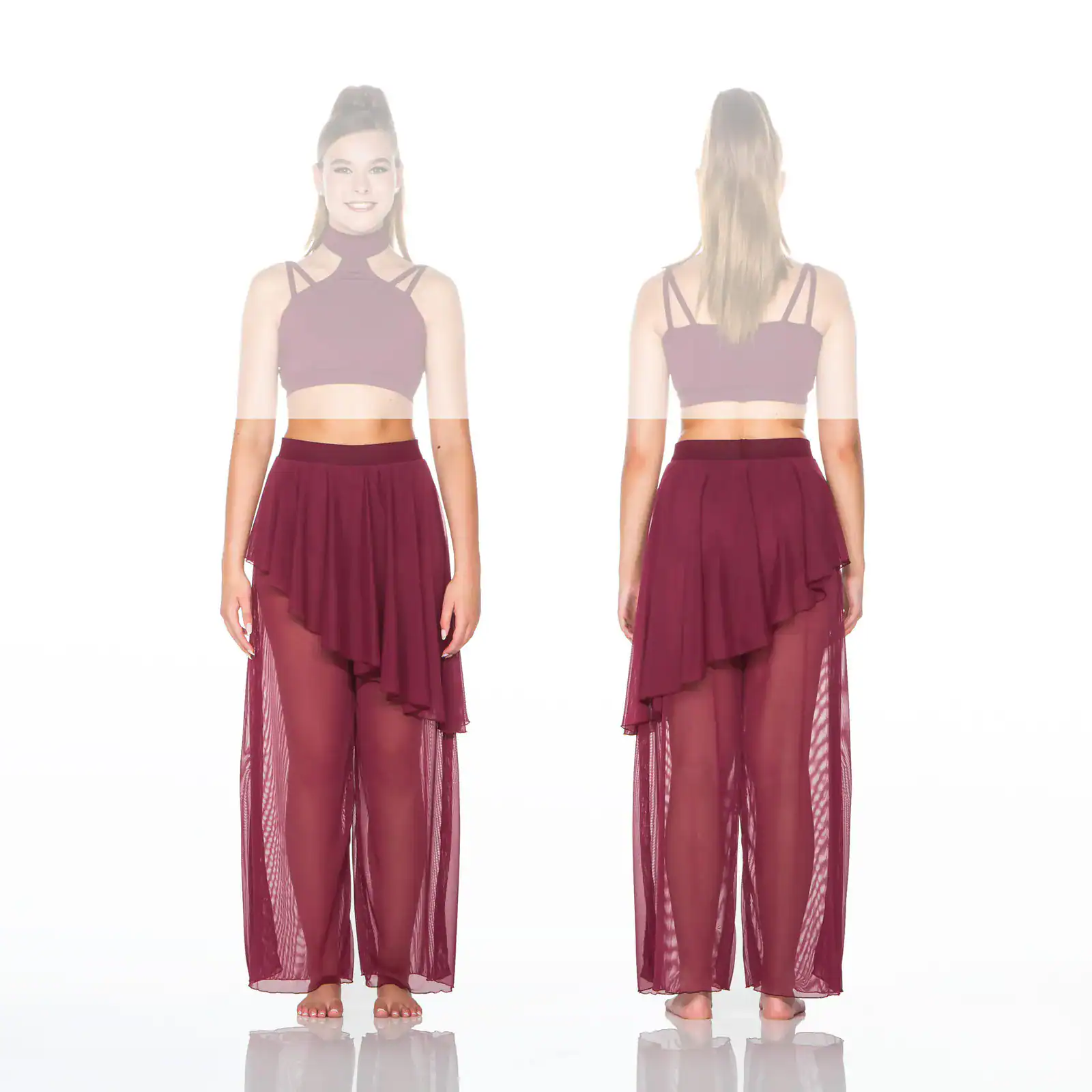 Front and back views of burgundy dance costume