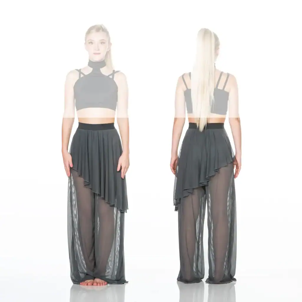Front and back views of dancer in charcoal costume