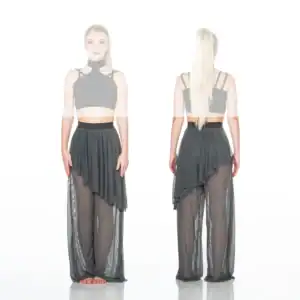 Front and back views of dancer in charcoal costume
