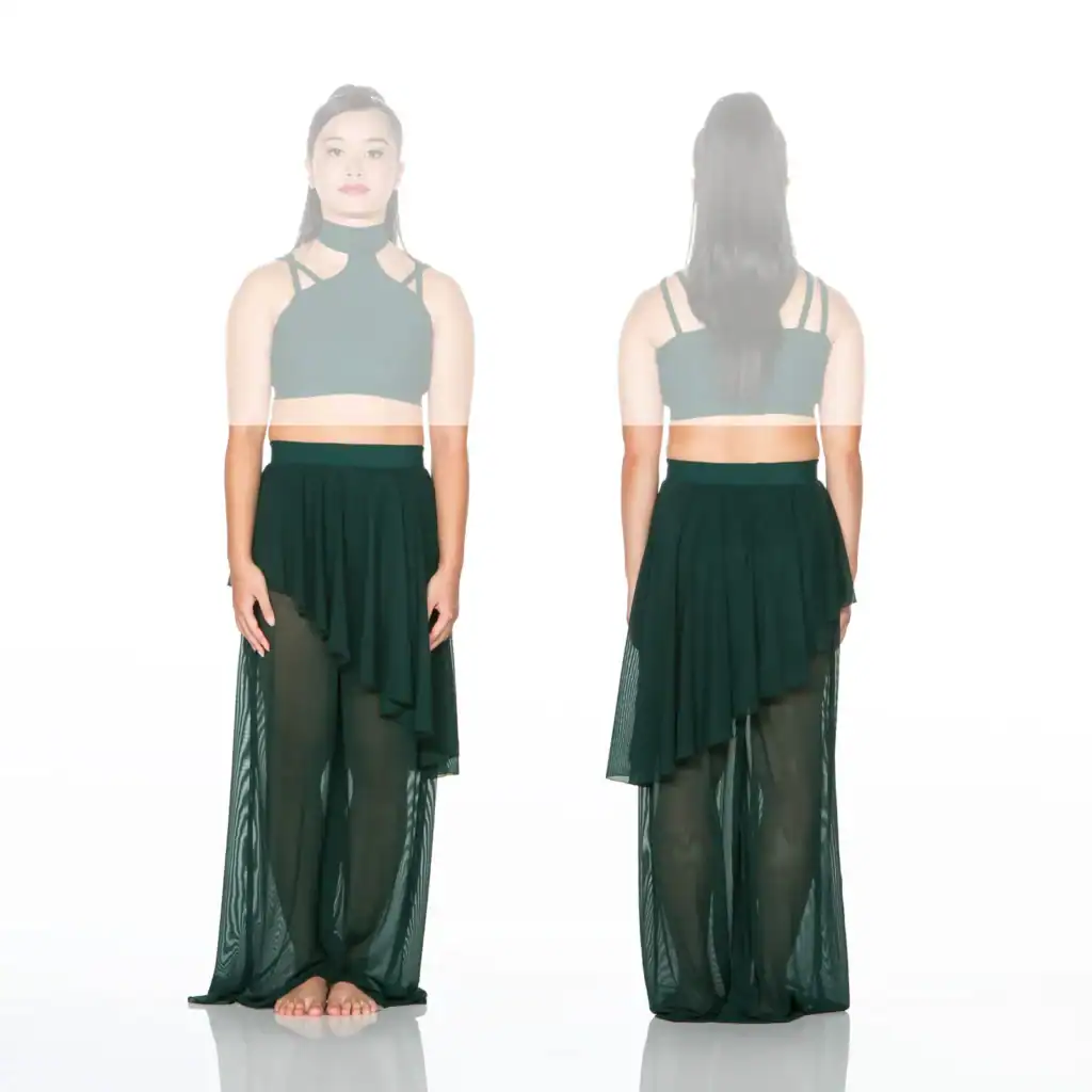 Front and back views of dark green two-piece outfit