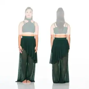 Front and back views of dark green two-piece outfit