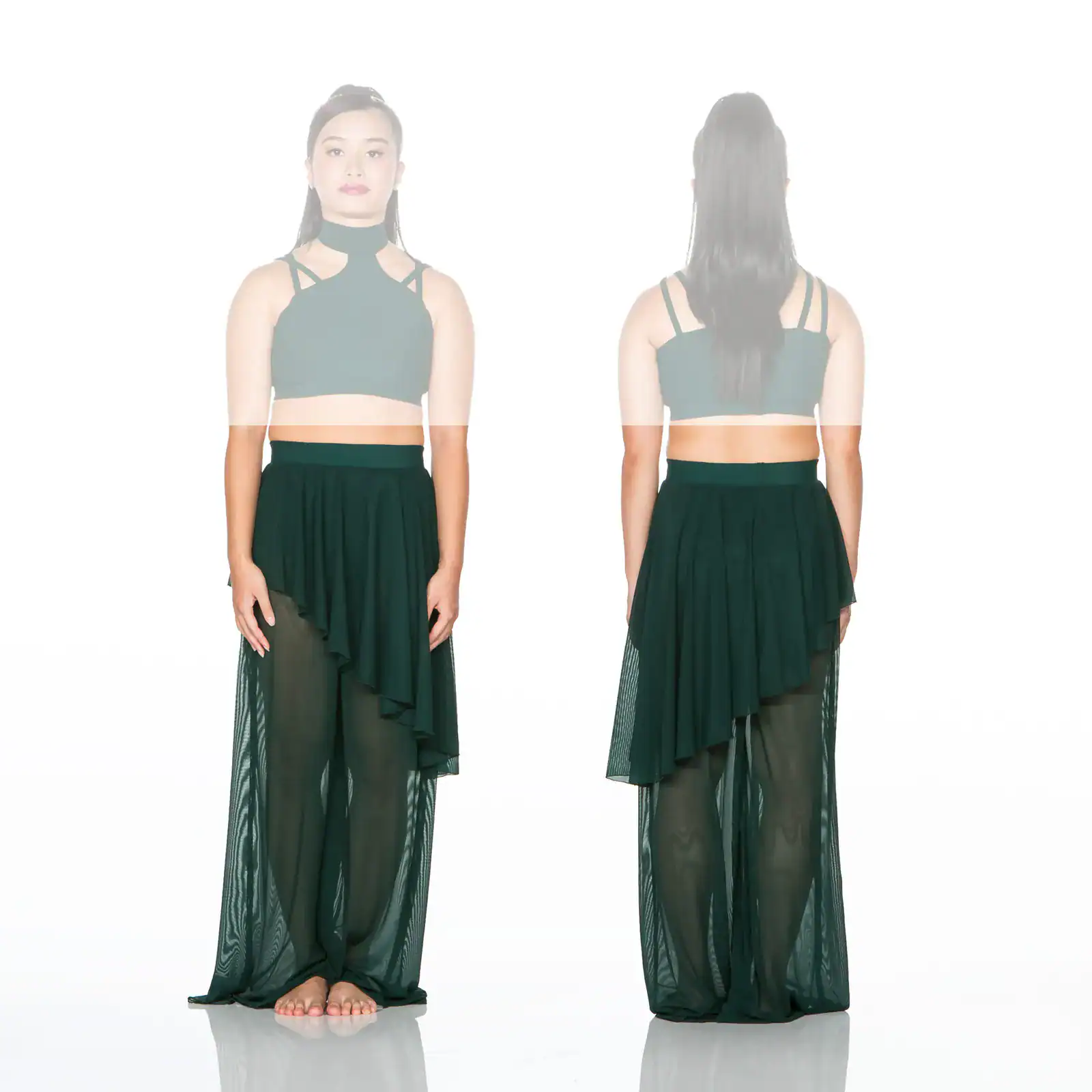 Front and back views of dark green two-piece outfit